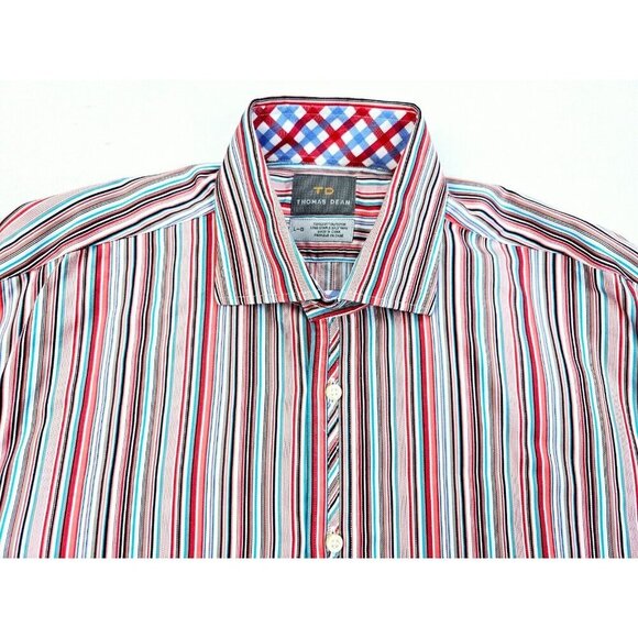 Thomas Dean Size Large Mens Multi Stripe Embroidered Logo Spread Collar Shirt - Picture 11 of 11